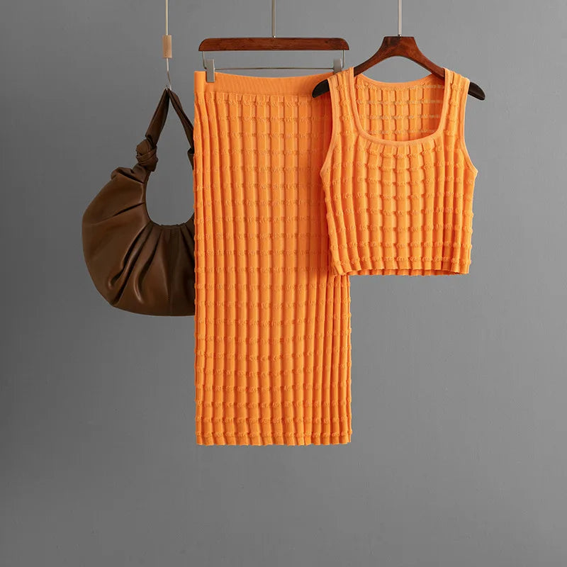 Knit Long Skirts + Straight Casual Spliced Round Neck Vest Sleeveless Tanks Sets