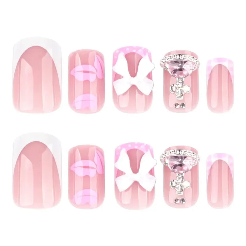 24PCS Short Square Fake Nails Sweet Pink Lips with 3D Bowknot Diamonds French Press on Nails Full Cover Detachable Nail Tips Art