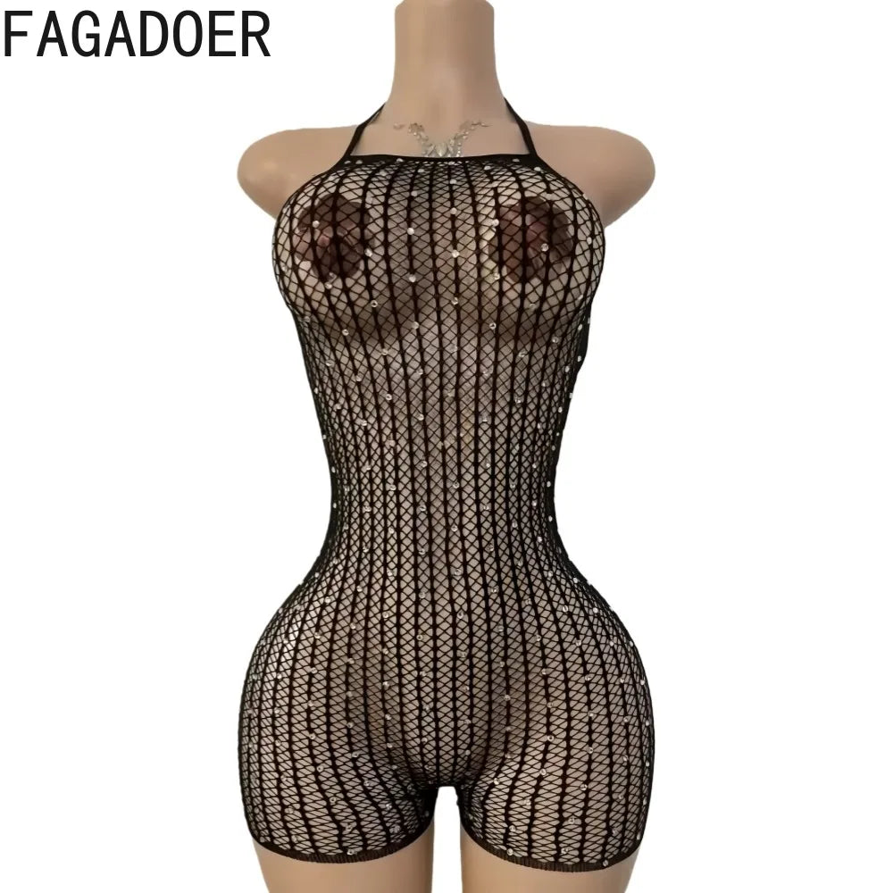 Hollow-out Rhinestone Patchwork Bodycon Halter Sleeveless Backless Lingerie