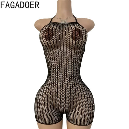 Hollow-out Rhinestone Patchwork Bodycon Halter Sleeveless Backless Lingerie
