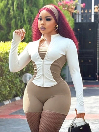 Daily Contrast Patchwork Full Sleeve Jacket+Shorts Simple Sporty Street Outfits