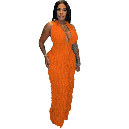 Ruffles Deep V-neck Halter Backless Wide Leg Jumpsuits