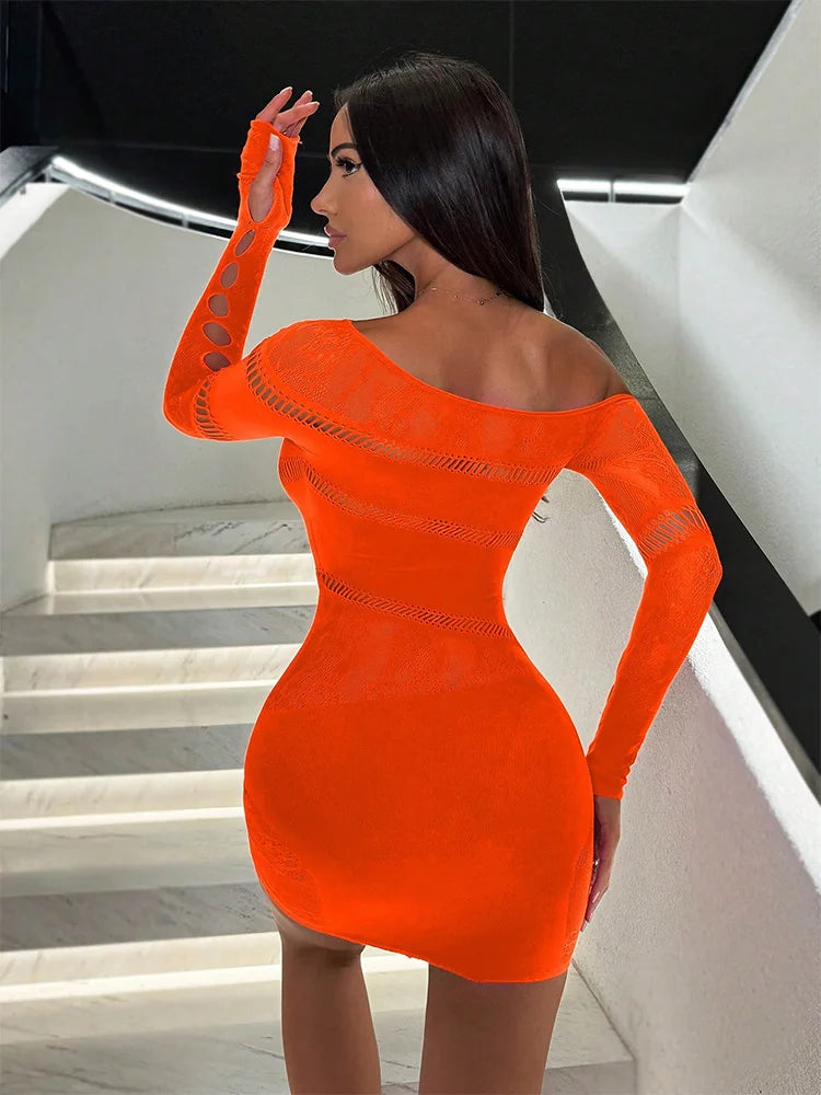 Stretchy Hollow Out Mesh Bodycon Long Sleeve See Through Night Lingerie