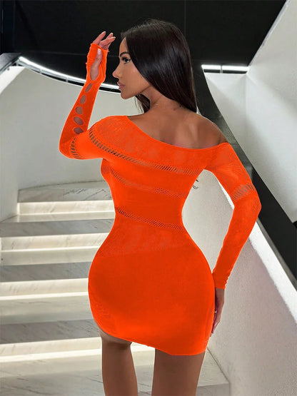 Stretchy Hollow Out Mesh Bodycon Long Sleeve See Through Night Lingerie