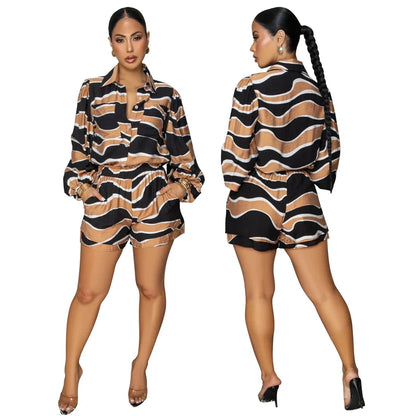 Collar Button Long Sleeve Shirt Top + Short Sets