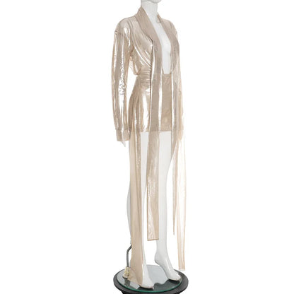 Tassel Patchwork 2 Piece Sets Women Outfit See Through Long Sleeve Crop Top + Skirt Suits Female Streetwear New