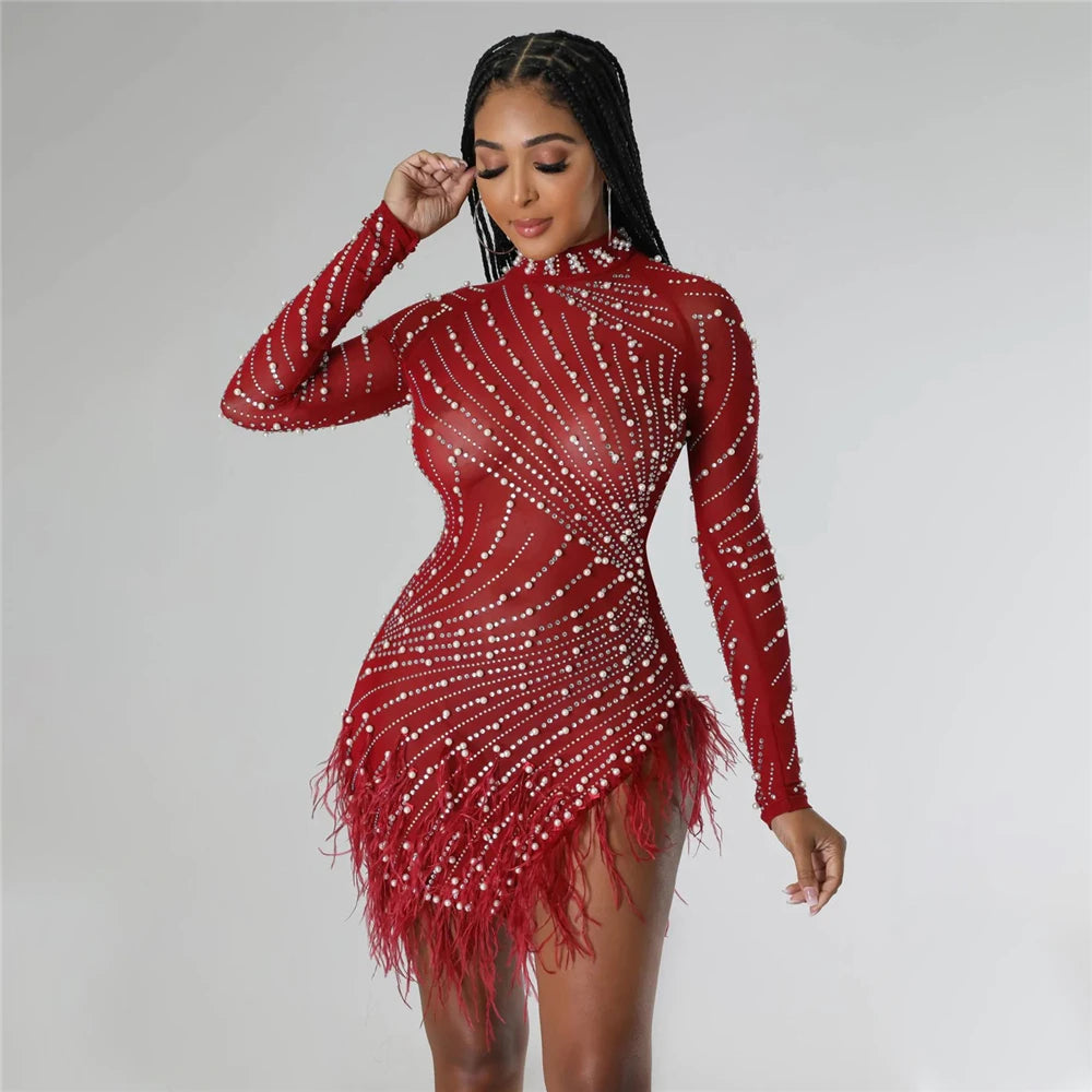 iDress Sexy Pearls Rhinestone Party Dresses Women Elegant Nightclub Feather Birthday Dress Long Sleeve Mesh Sheer Bodycon Dress