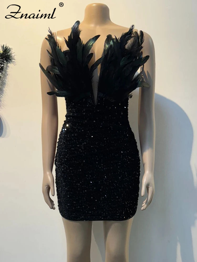 Luxury Birthday Women’s Feathers Sequin Strapless Deep V-neck Black Bodycon Mini Dresses Sexy Club Party Night Prom Robe