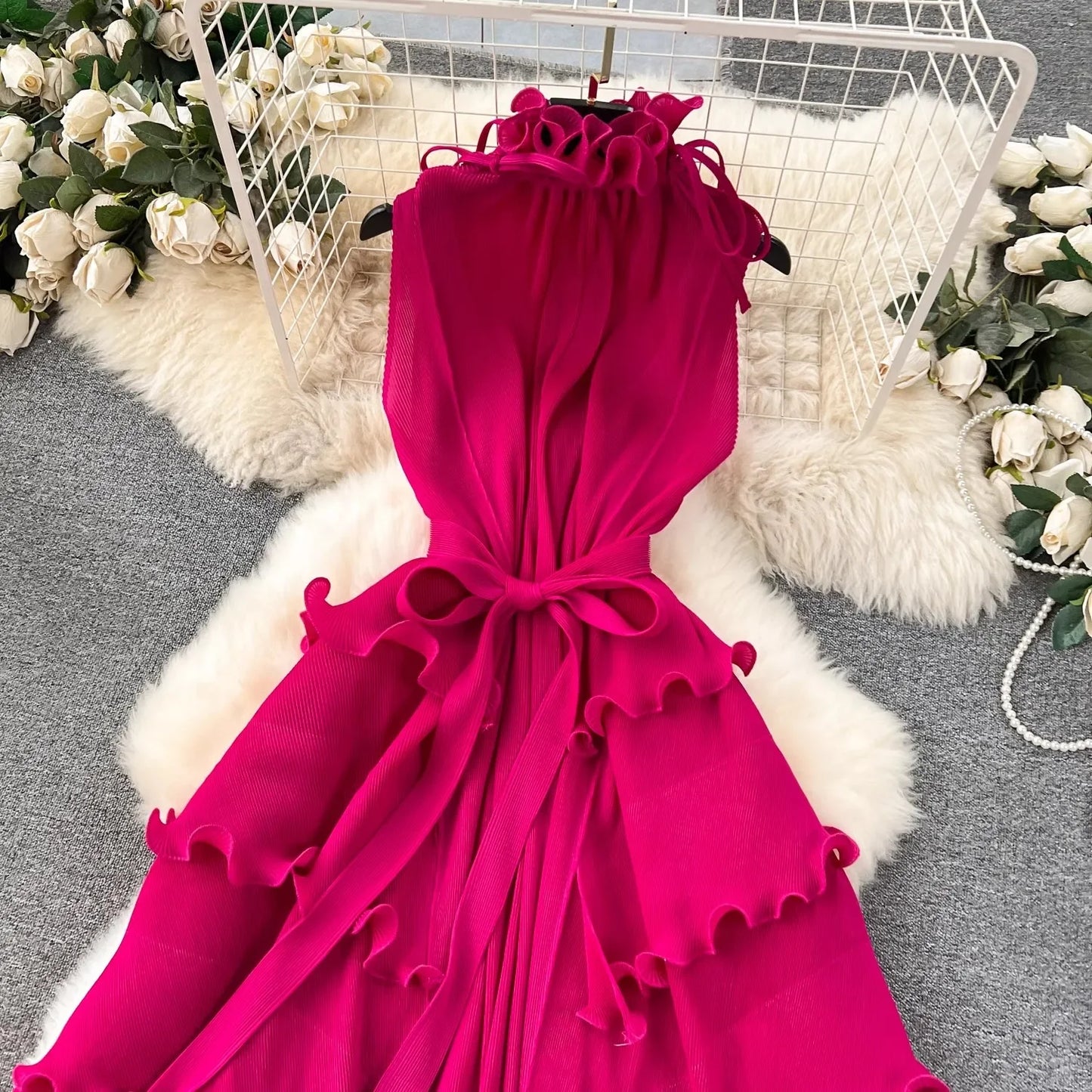 Stand Collar Lace Up Ruffles Boho Dresses