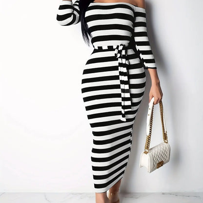 Stripe Slash Neck Three Quarter Pencil Dresses