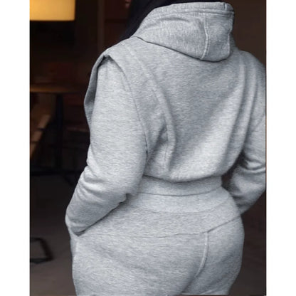 Elegant Tied Detail Hooded Long Sleeve Sweatshirt + Wide Leg Sweatpants Set for Autumn/Winter