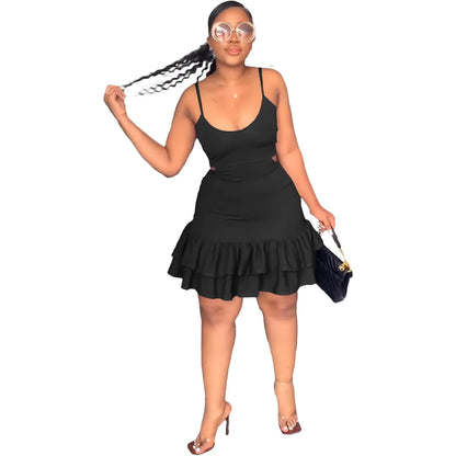 European and American Fashion Sling Low-cut Ruffled Mini Dress