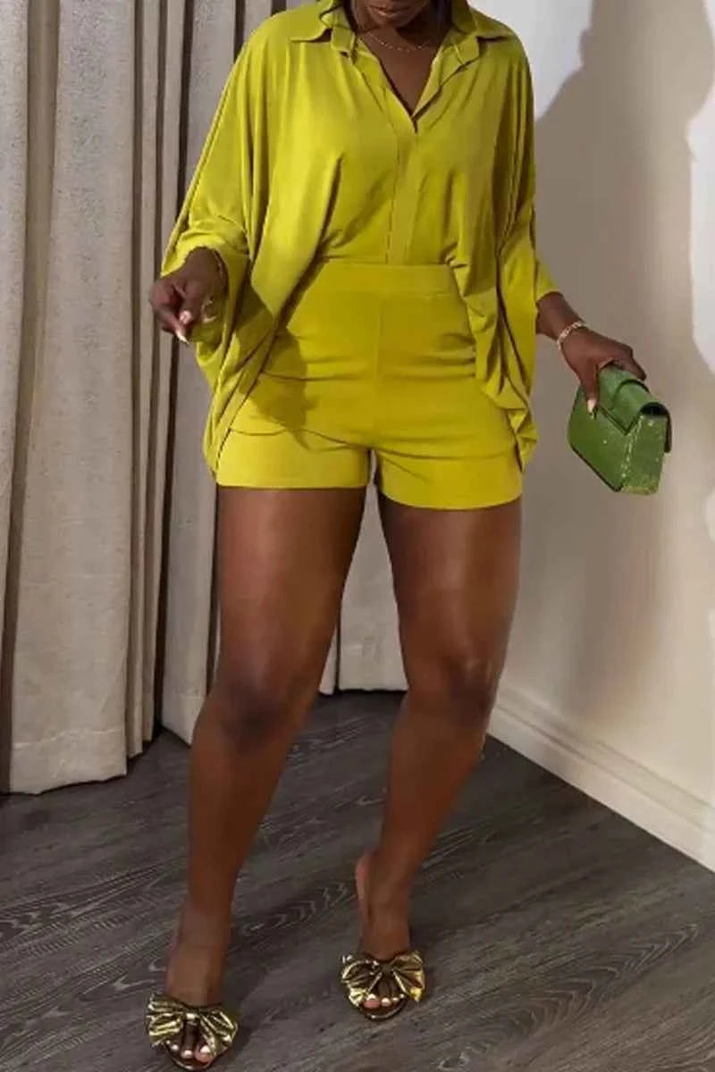 Solid Batwing Sleeve Loose Shirt Top + Shorts Casual Matching Sets
