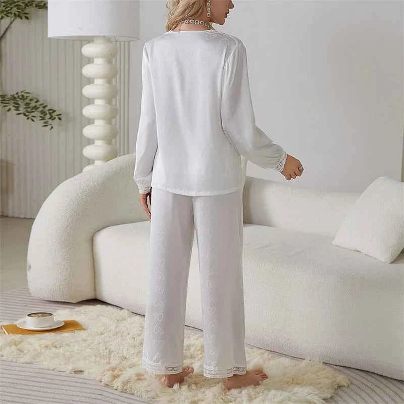 Satin Trousers + V-Neck Comfortable Jacquard Pajama Sets