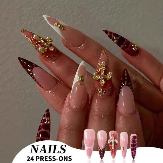 24Pc Long Stiletto Press on Nails Cherry Pink French False Nails with 3D Bow Pearls Design Detachable Acrylic Fake Nail Art Tips