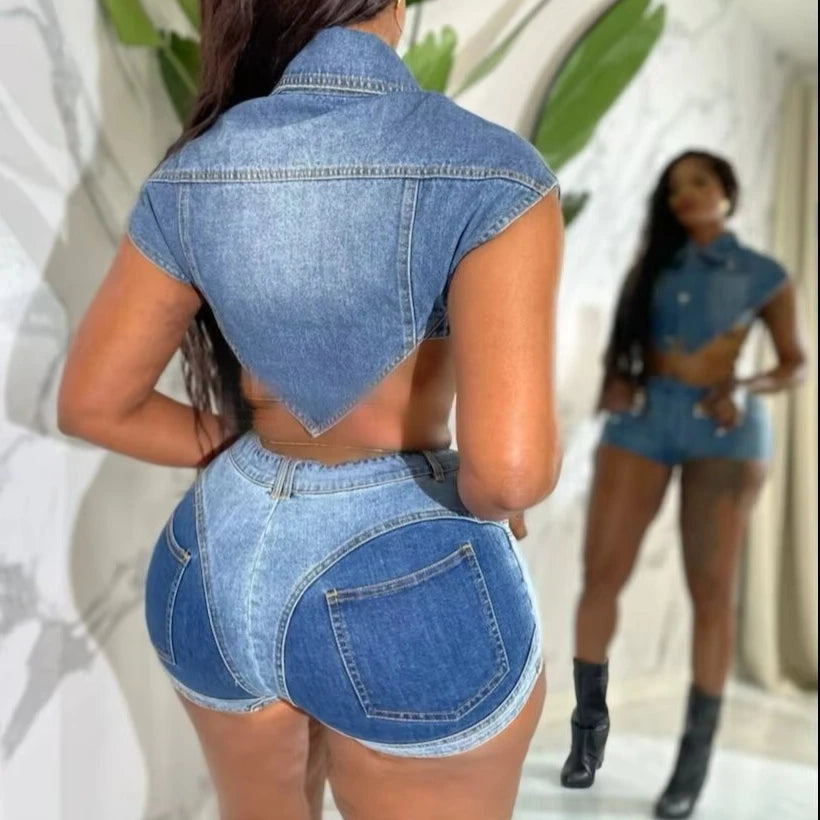 Denim Top Single Breasted + Short Matching Sets