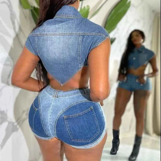 Denim Top Single Breasted + Short Matching Sets