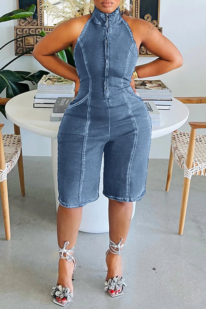 Michelle Half Zip Up Sleeveless One Piece Stretch Denim Romper