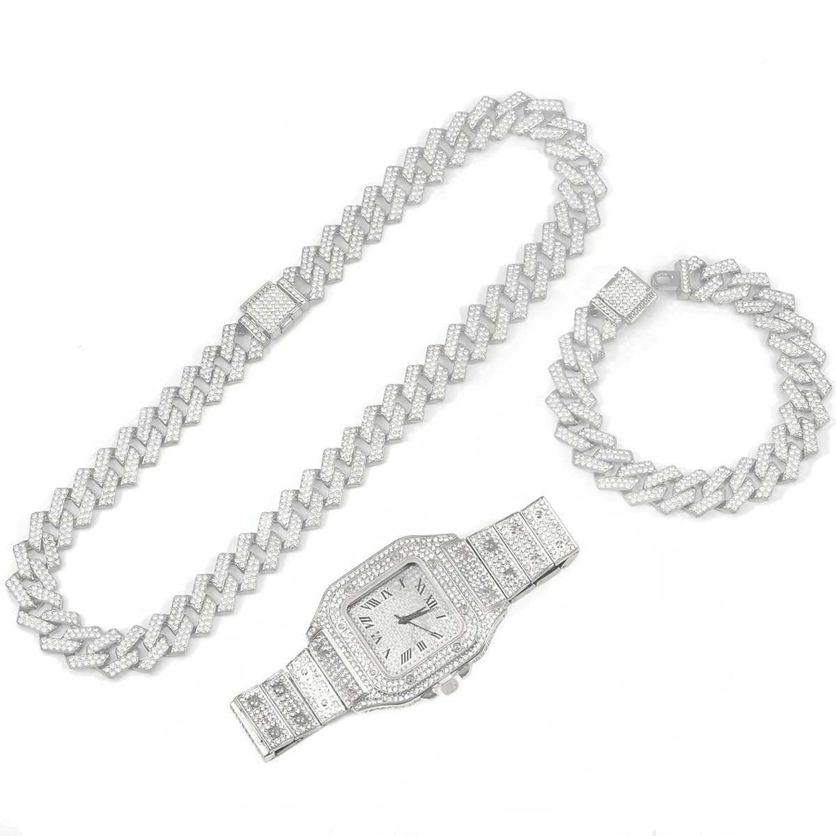 3pcs Set Hip-hop Punk Inlay Diamond Square Watch+Cuban Chain+Bracelet Comes With Strap Adjuster Stylish Jewelry