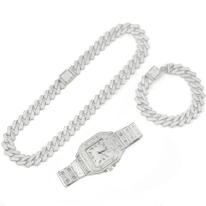 3pcs Set Hip-hop Punk Inlay Diamond Square Watch+Cuban Chain+Bracelet Comes With Strap Adjuster Stylish Jewelry