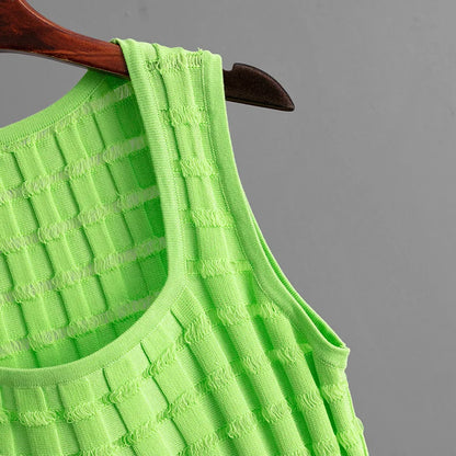 Knit Long Skirts + Straight Casual Spliced Round Neck Vest Sleeveless Tanks Sets
