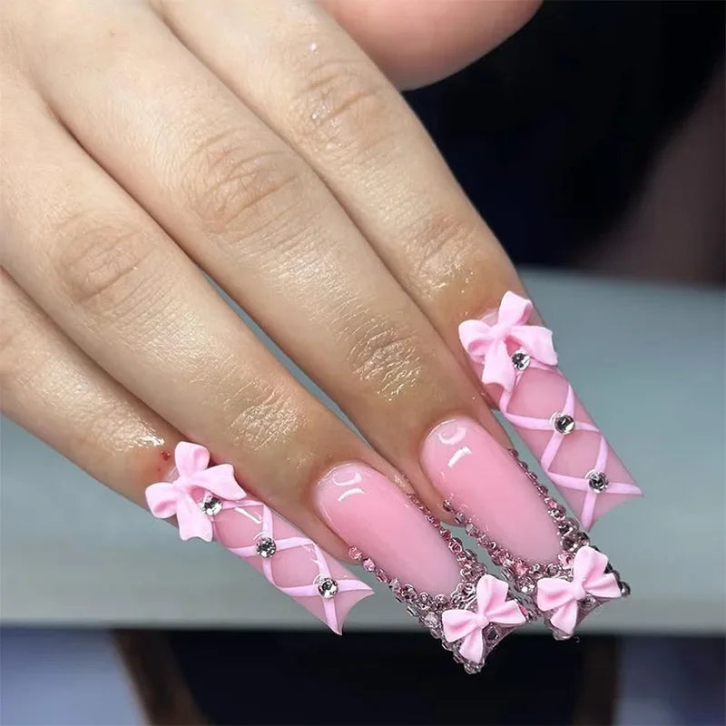 24Pcs Long Square Press on Nails Leopard Print French 3D Cherry Design False Nail Rhinestone Wearable Full Cover Fake Nails Tips