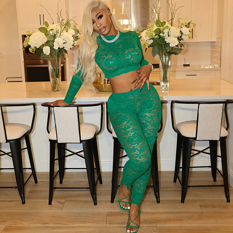 See Through O-Neck Crop Tops+Leggings Skinny Stretch Matching Midnight Party Clubwear