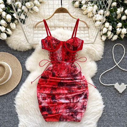 Strapless Lace Up Hollow Out Design Pleated Bodycon Dresses