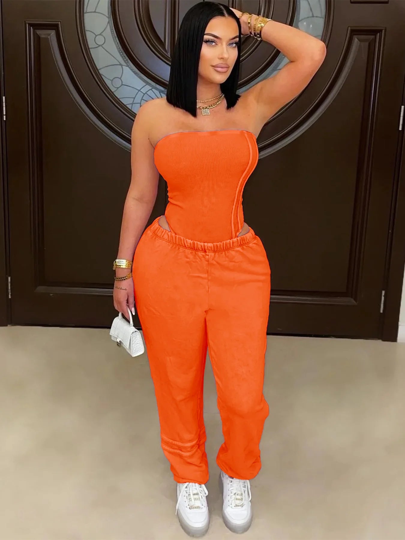 Ribbed Bodycon Bodysuits Tops + Jogger Pants (2 pcs.)
