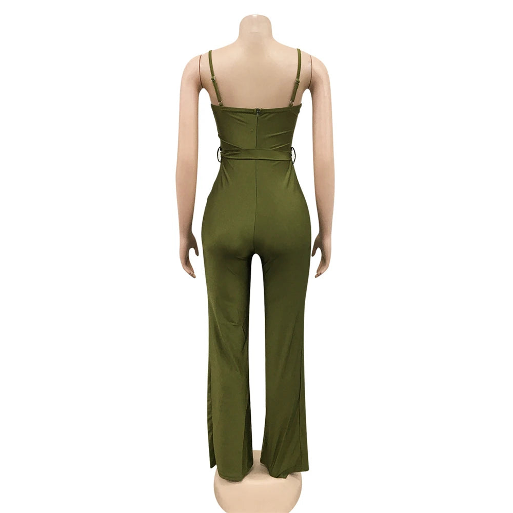 Rachel High Waisted Wide Leg Pants One Piece Sleeveless Jumpsuit with Belt