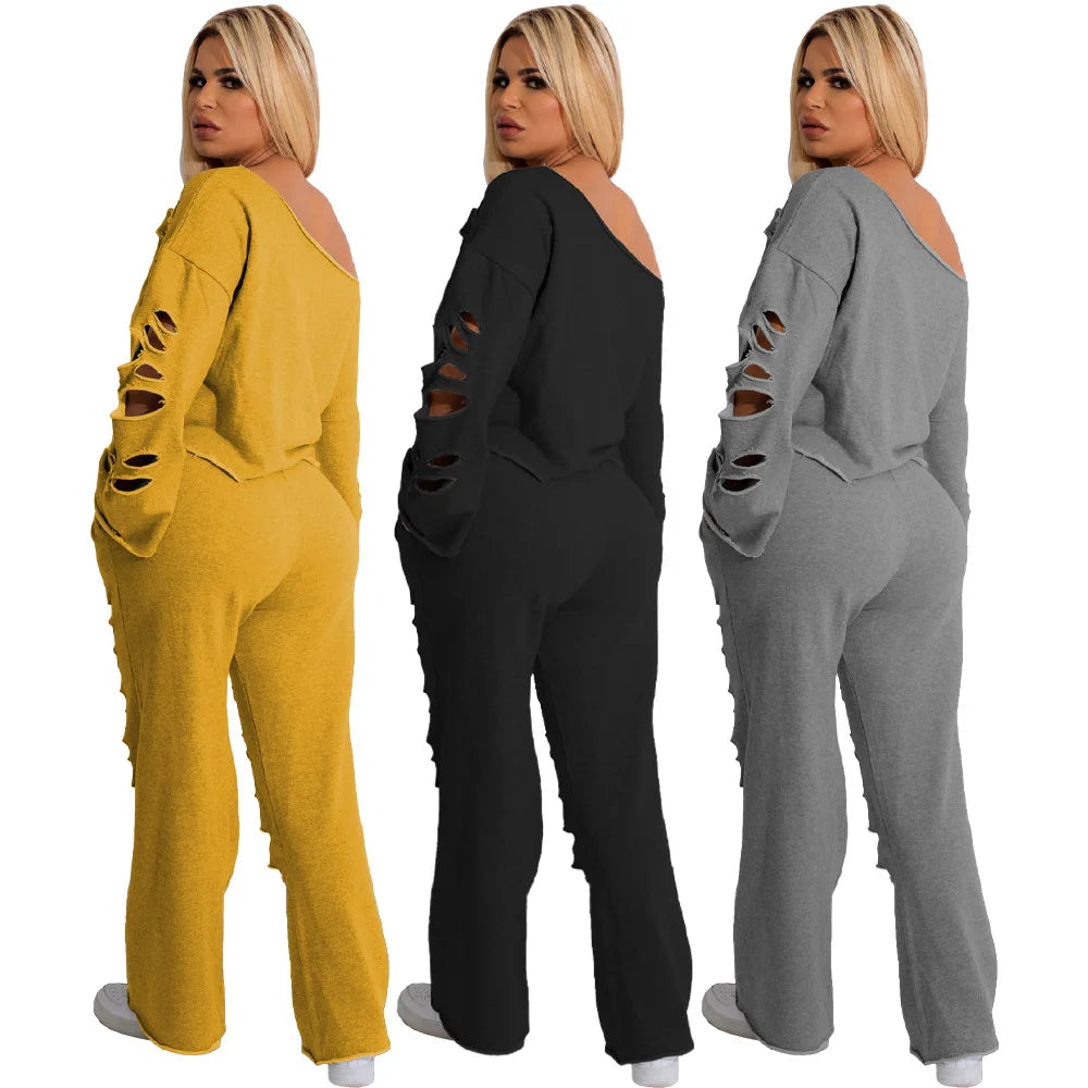 Oliva's Round Neck Pullover Hole Solid Pant Sets