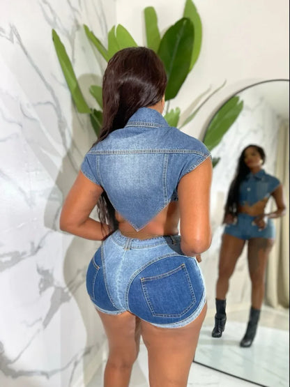 Denim Top Single Breasted + Short Matching Sets