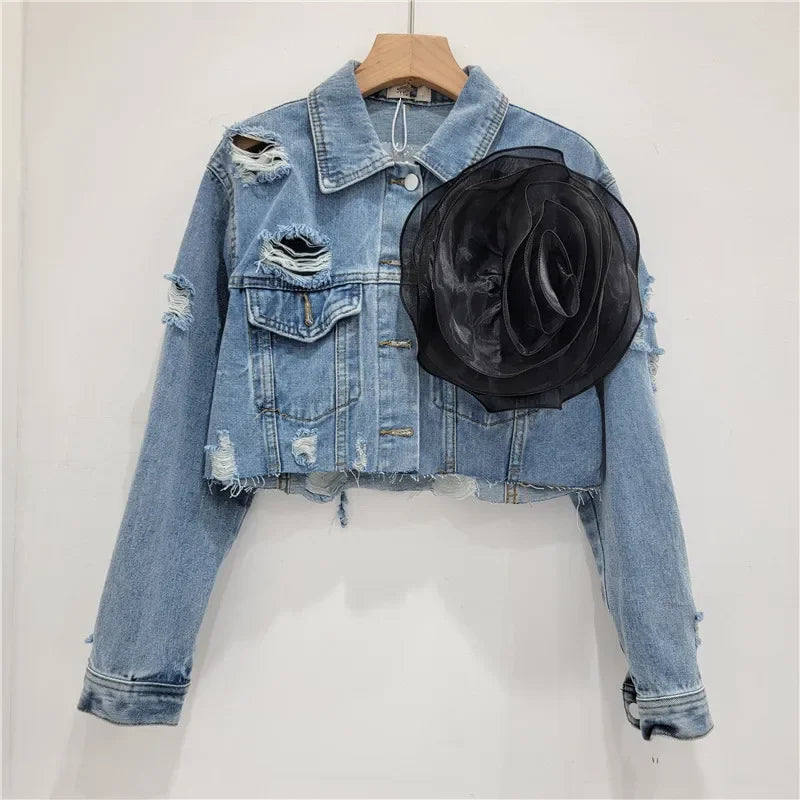 Ashana 3D Flower Washed Long Sleeve Single Breasted Denim Jacket