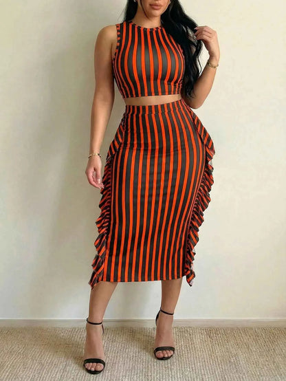 Striped 2 Piece Outfit Casual Sleeveless Top Ruffle Asymmetrical Skirt Set for Daily Vacation Office Wear