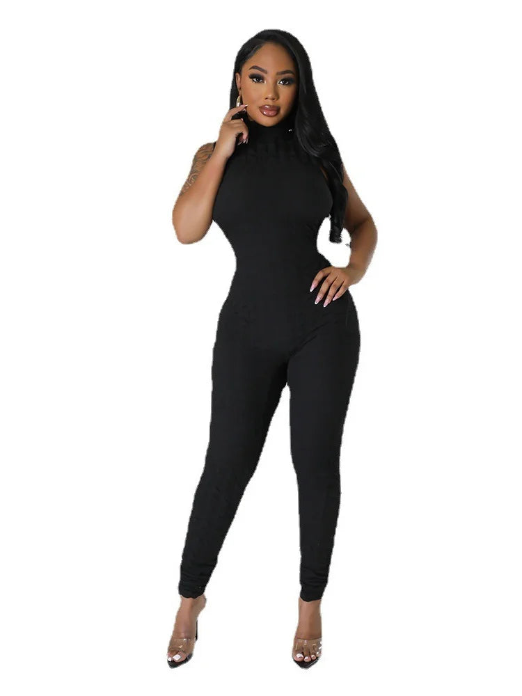 Sleeveless Popcorn Bubble Fabric Front Zipper Jumpsuits