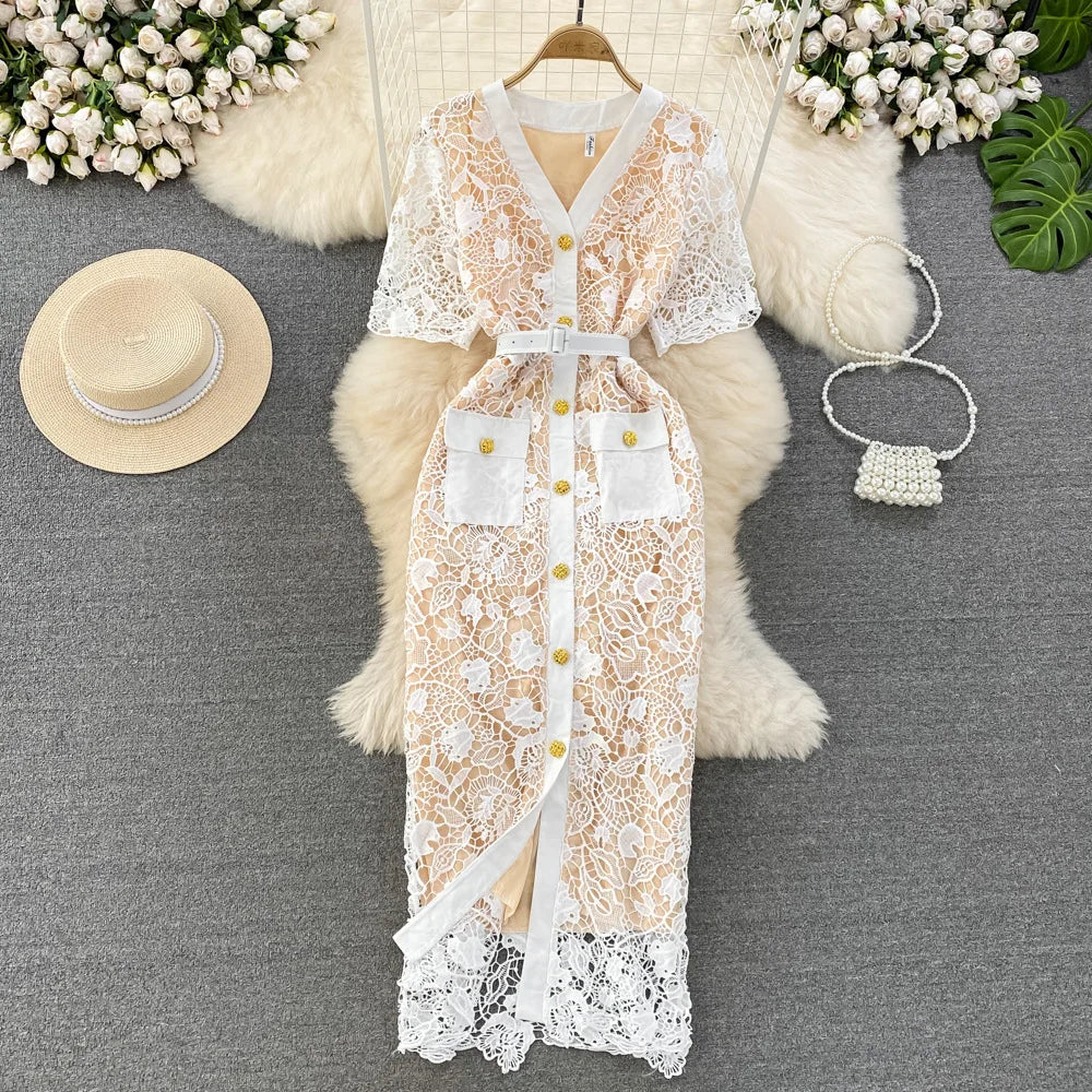 Floral Lace Dress V Neck High Waist Maxi Dresses