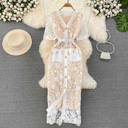 Floral Lace Dress V Neck High Waist Maxi Dresses