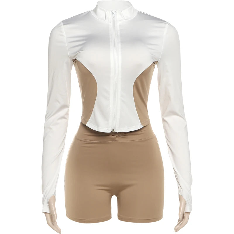 Daily Contrast Patchwork Full Sleeve Jacket+Shorts Simple Sporty Street Outfits