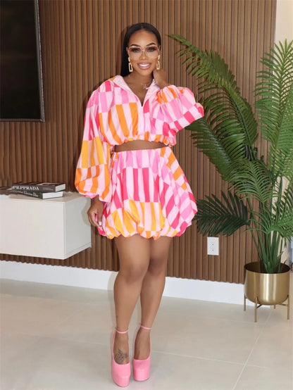 Puff Sleeve Crop Top + High Waist A-line Mini Skirt Sets