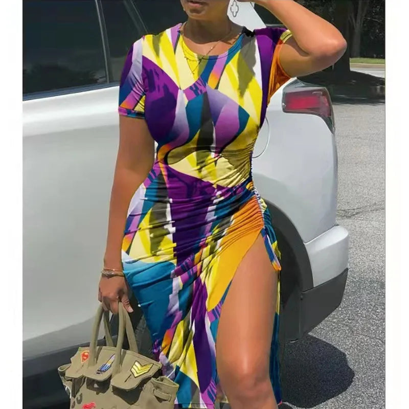 Trendy Printed Slim Bodycon Short Sleeves Drawstring Slit Midi Dresses