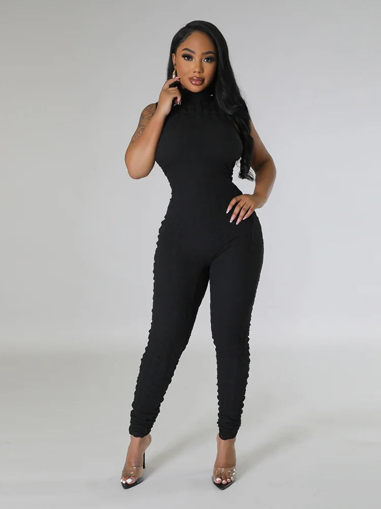 Sleeveless Popcorn Bubble Fabric Front Zipper Jumpsuits