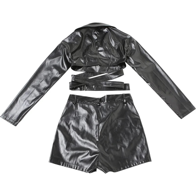 PU Leather Black 2 Piece Set Women Hipster Sexy V-Neck Long Sleeve Crop Top and Shorts Matching Party Clubwear Streetwear