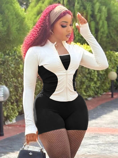 Daily Contrast Patchwork Full Sleeve Jacket+Shorts Simple Sporty Street Outfits