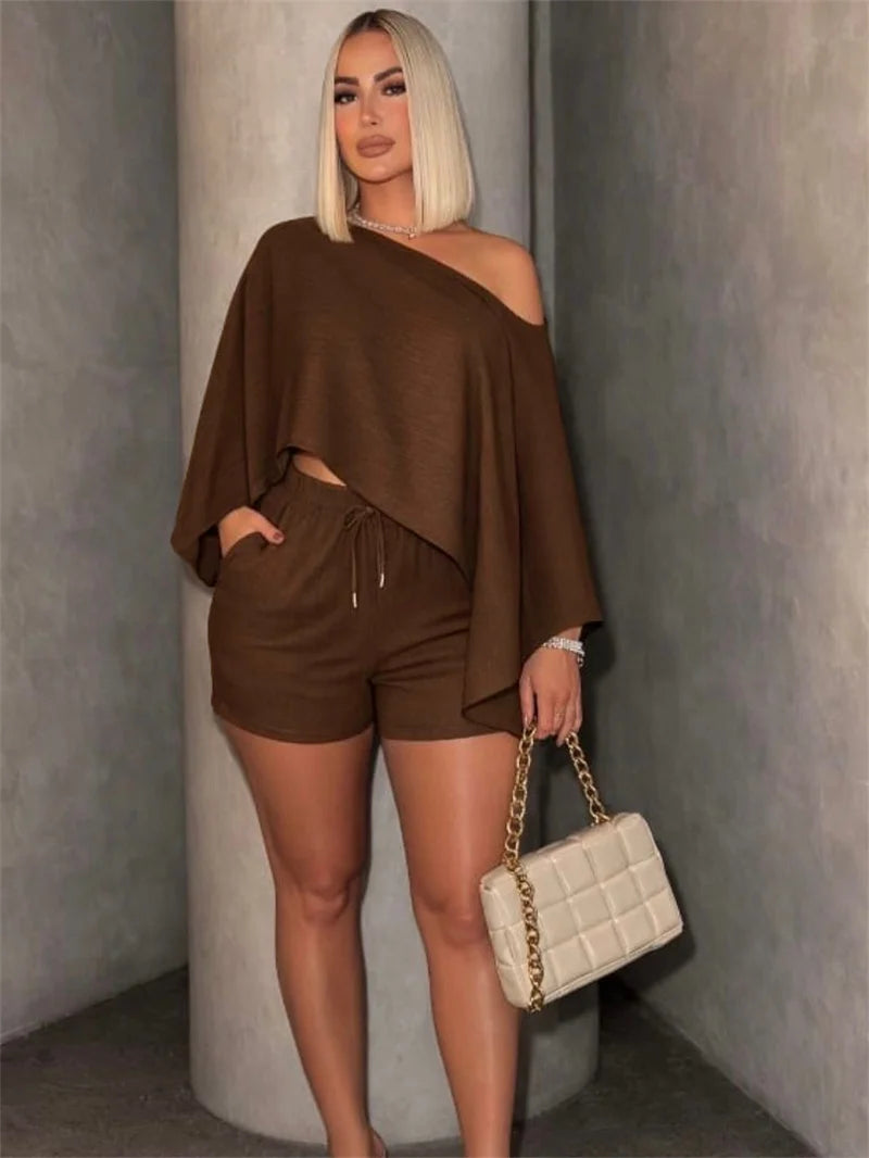 Irregular Shoulder Crop Top + Shorts Matching Sets