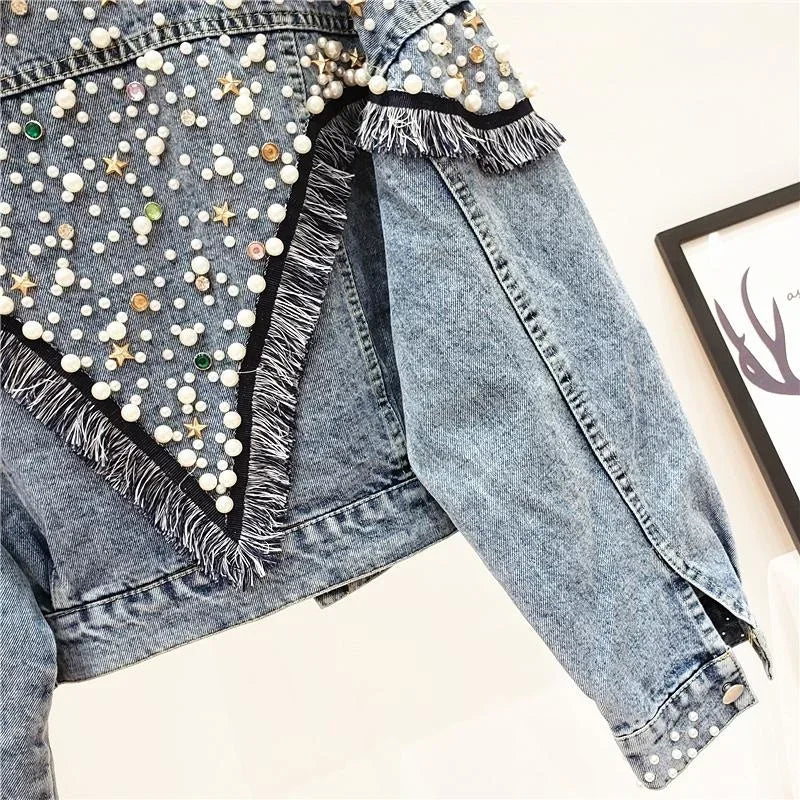 Gracie Hand-studded Pearls Punk Loose Short Jeans Coats