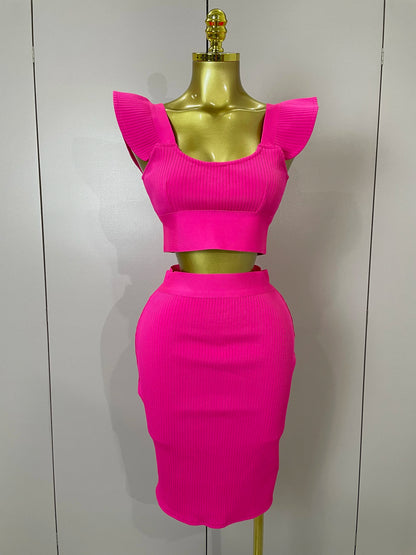 Celebrity Ruffles Red Bandage Skirt Sets