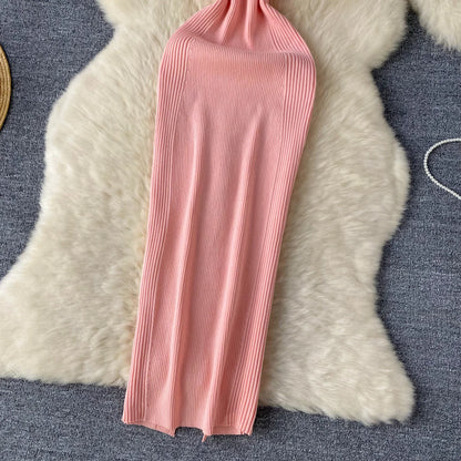 Single Shoulder Ink Knit Dress Backless Tank Striped Slim Bodycon Sundress Women Summer Beachwear Sexy Chic Vestidos