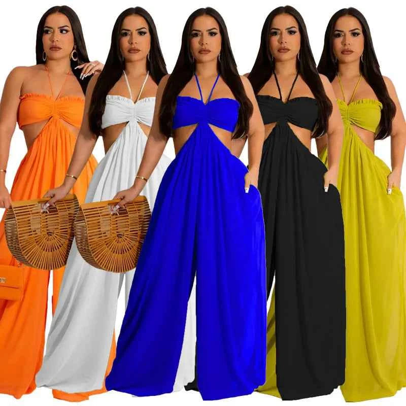 Long Loose Solid Color Seductive Flowing Jumpsuits