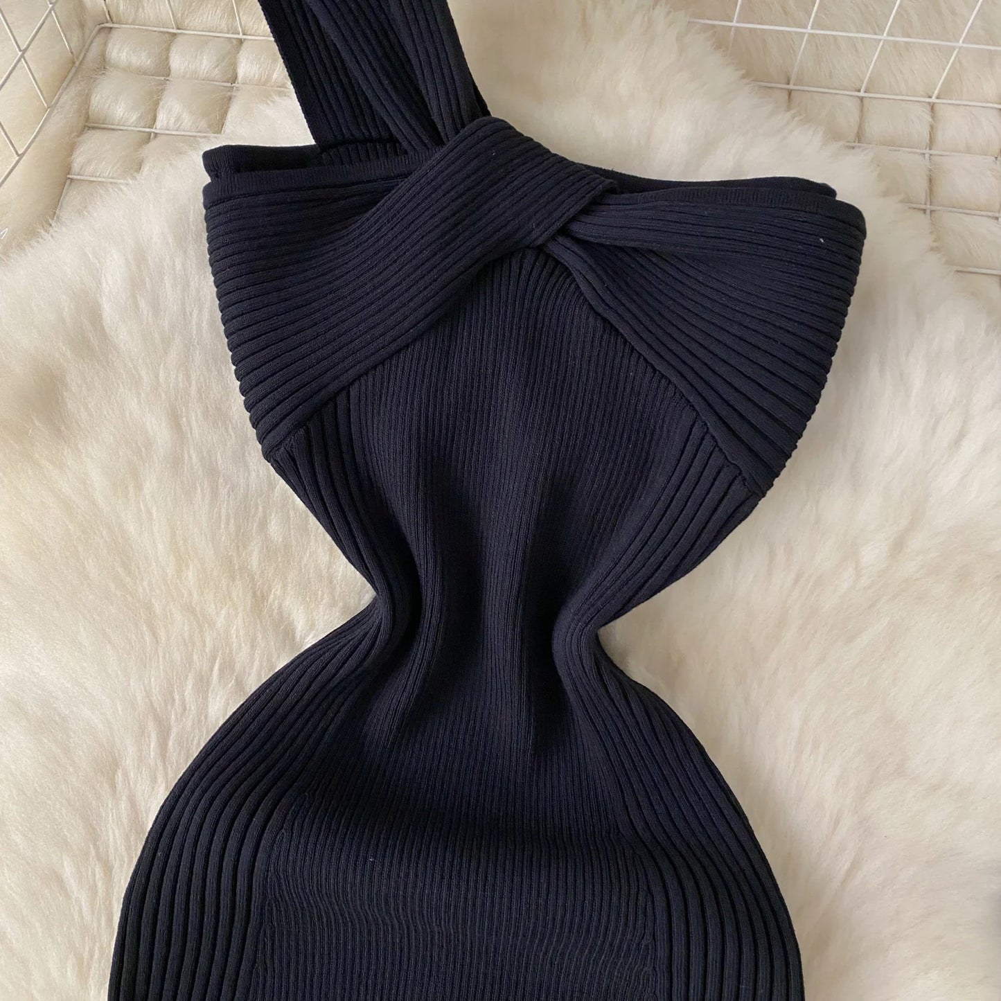 Single Shoulder Ink Knit Dress Backless Tank Striped Slim Bodycon Sundress Women Summer Beachwear Sexy Chic Vestidos