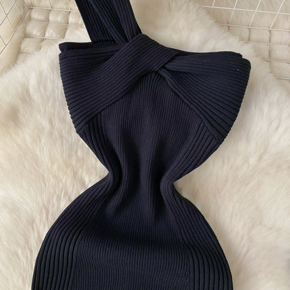 Single Shoulder Ink Knit Dress Backless Tank Striped Slim Bodycon Sundress Women Summer Beachwear Sexy Chic Vestidos